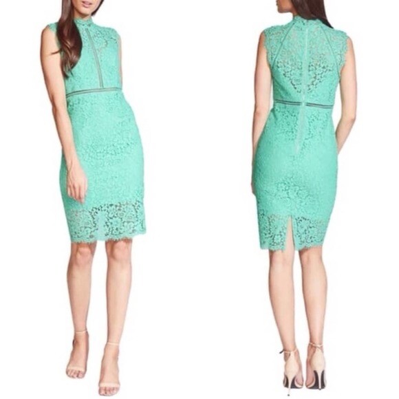 BARDOT Mint Sea Green Lace Panel High Neck Semi Sheer Yoke Cocktail Dress 10 = L