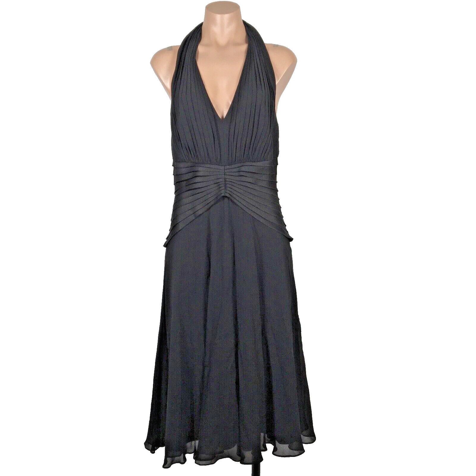 Silk Dress Tadashi Collection Black Pleated Halter Flare Cocktail Sz L 12 Formal