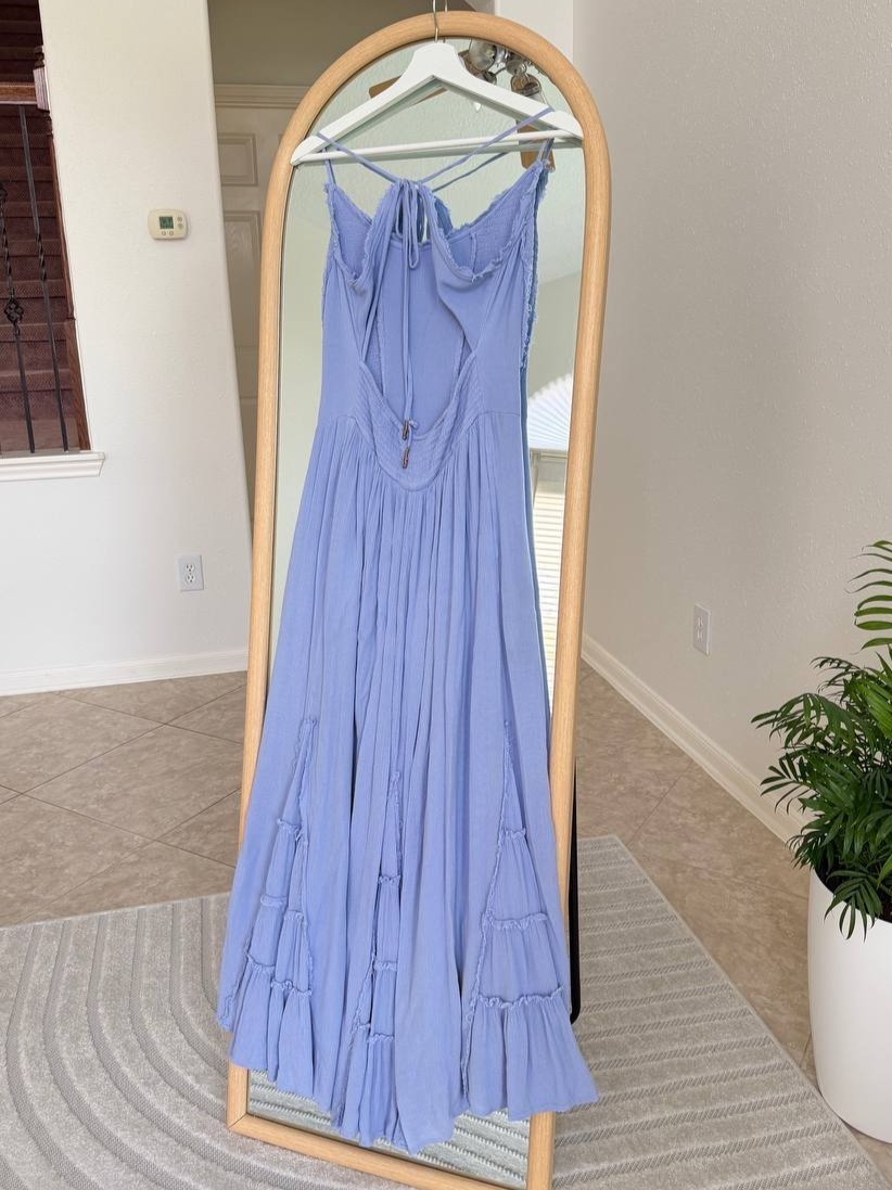 Free People Blue Open Back Smocked Maxi Dress Size M Boho Raw Edge Pockets