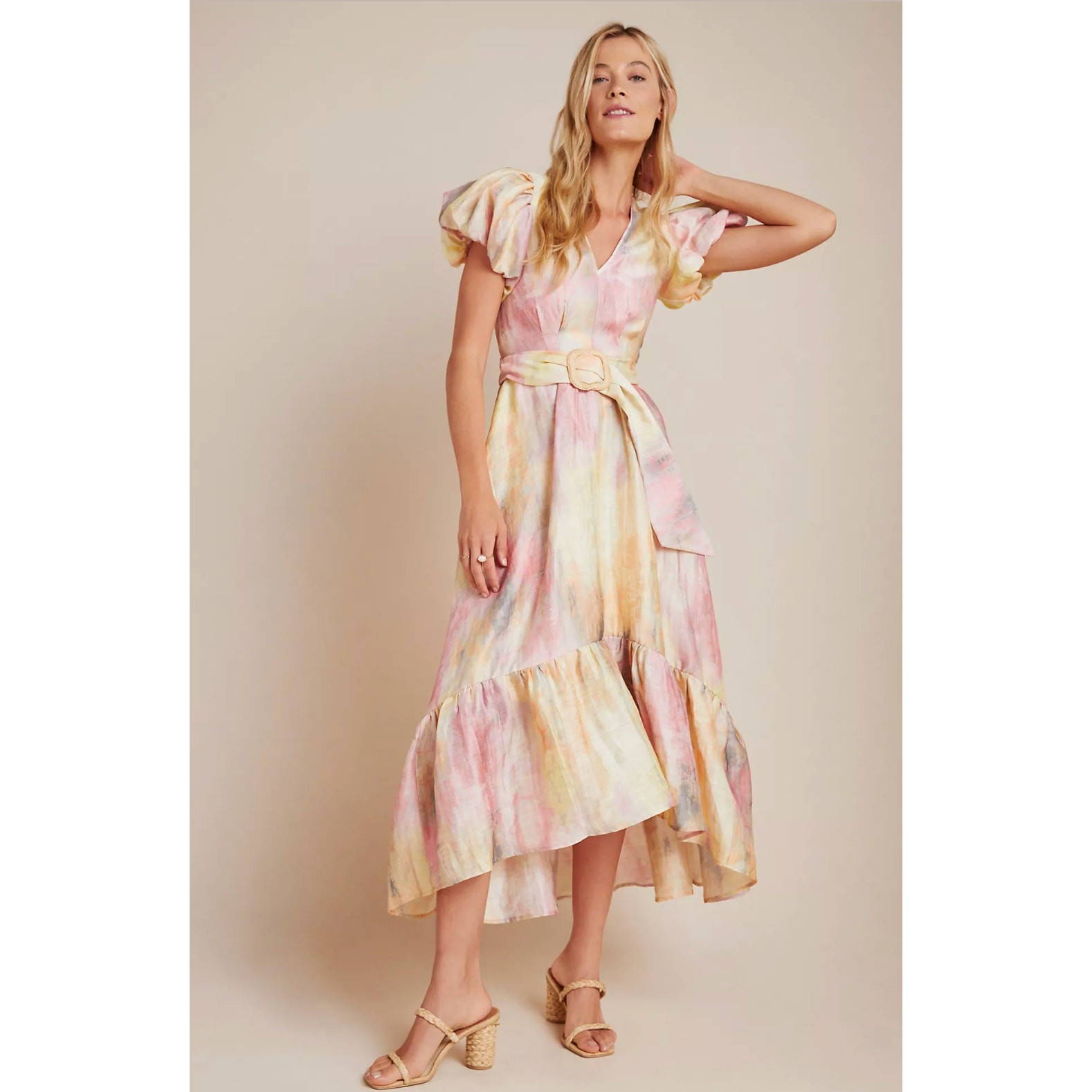 Hunter Bell Sunset Ruffled Midi Dress 0 Linen Belted Puff Sleeve Flowy Pastel
