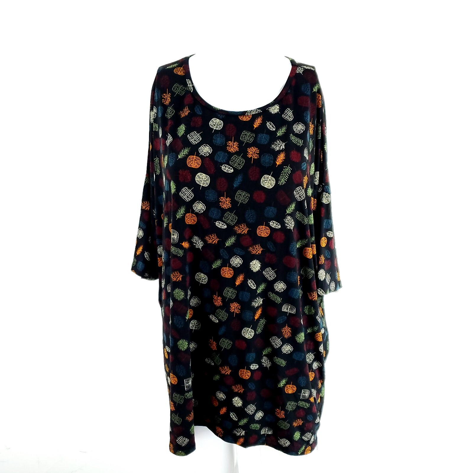 Lularoe Shirt Dress Black Leave Print Scoop Neck Large 3/4 Sleeve Polyester