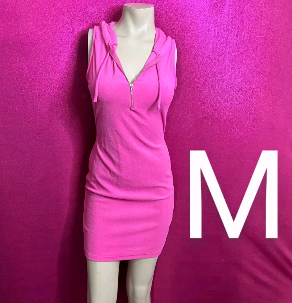 🆕Pink Front Zipper Open Cut-Out Back Bodycon Hoodie Mini Dress Size M