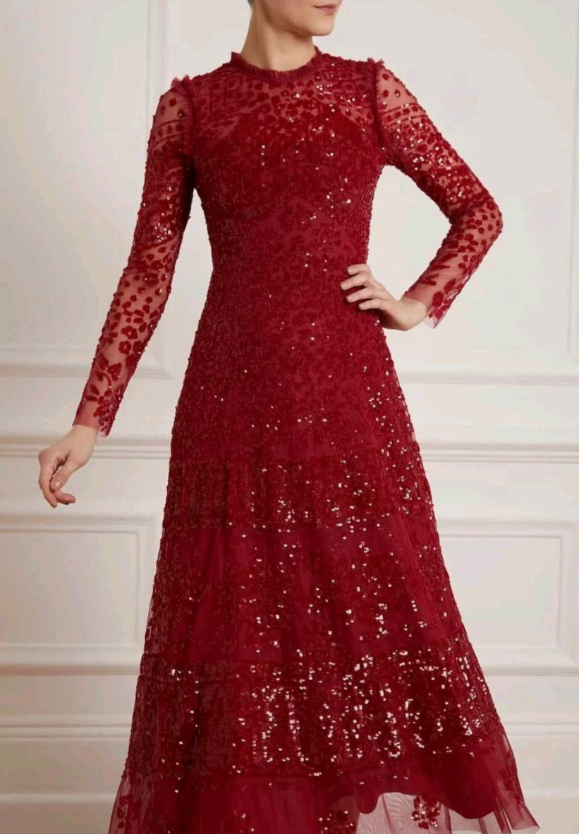 Needle & Thread Aurora, Red Sequin Midi Dress UK 8 Us 4 ASO Kate Middleton Royal