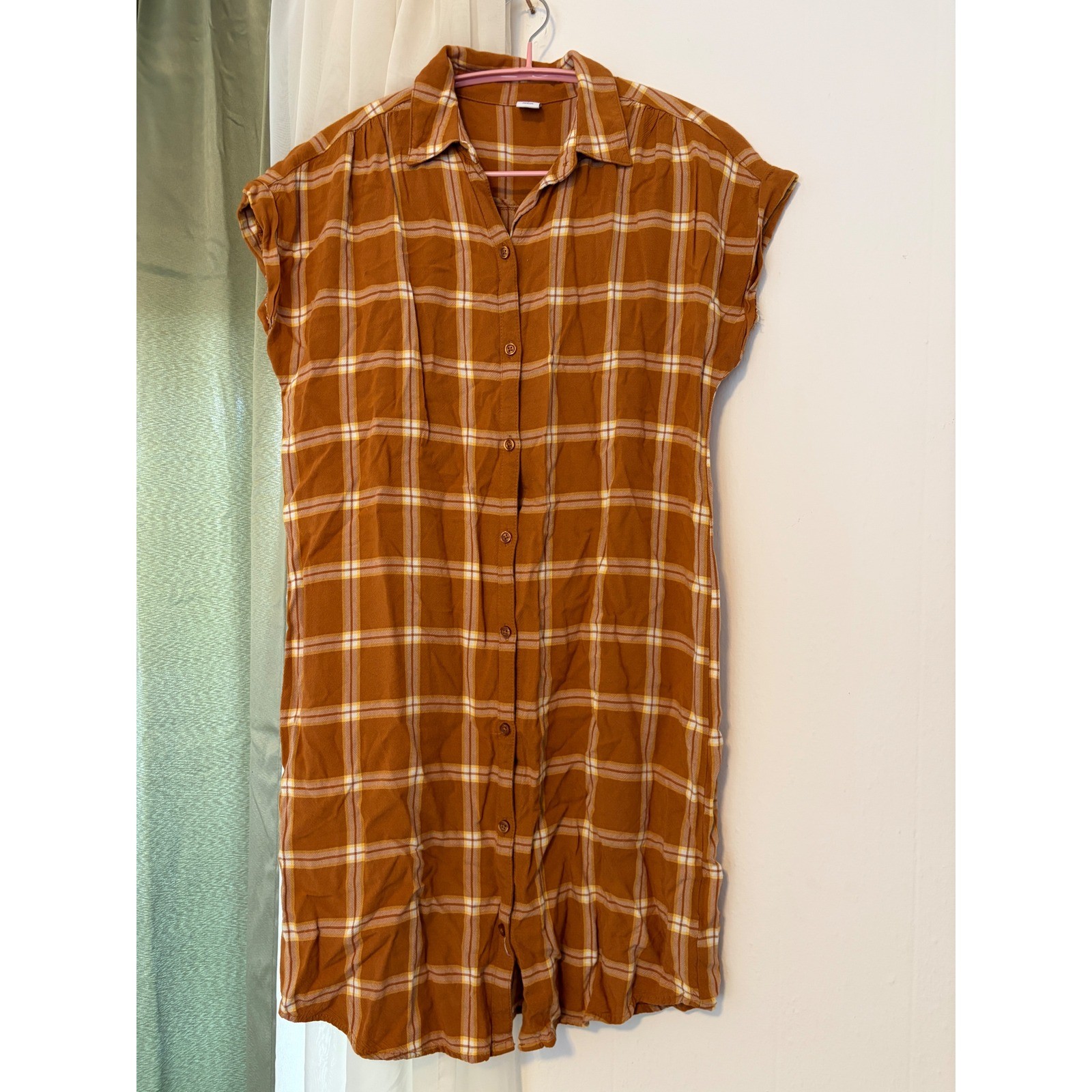 Old Navy Shirt Dress Womens Small Mustard Yellow Plaid Shirred Short Sleeve