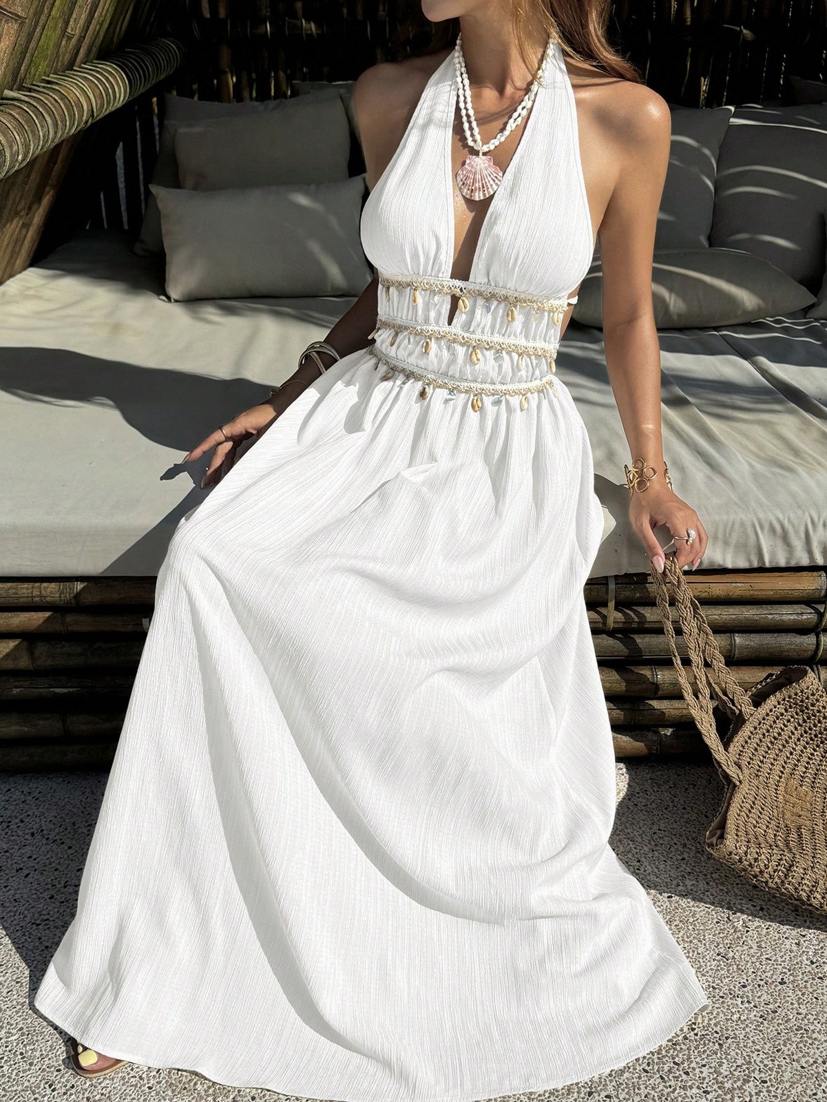 Elegant Apricot A Line Halter Neck Dress