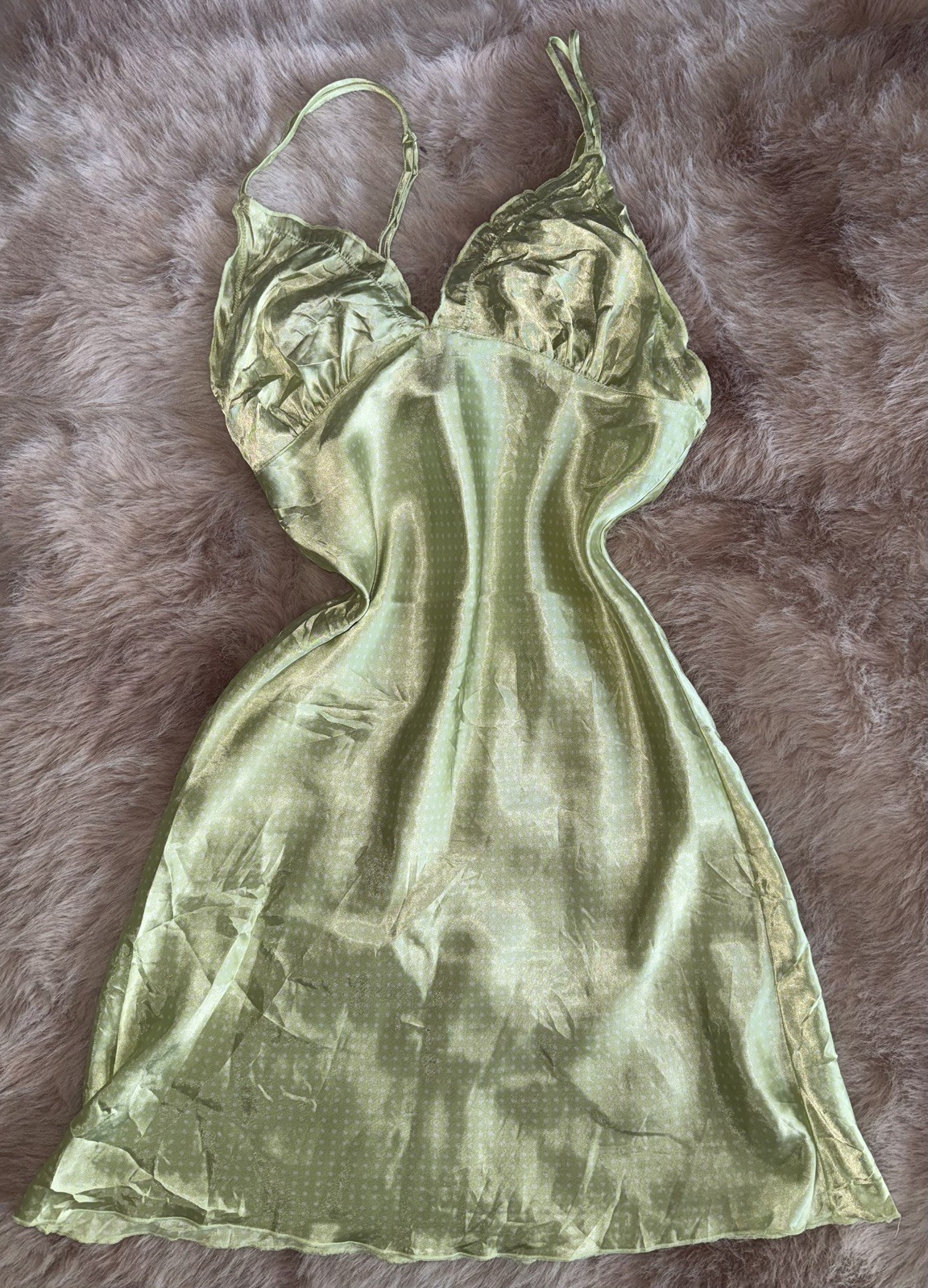 Vintage Y2K Midi pink silky Slip Dress spotty lime green size small