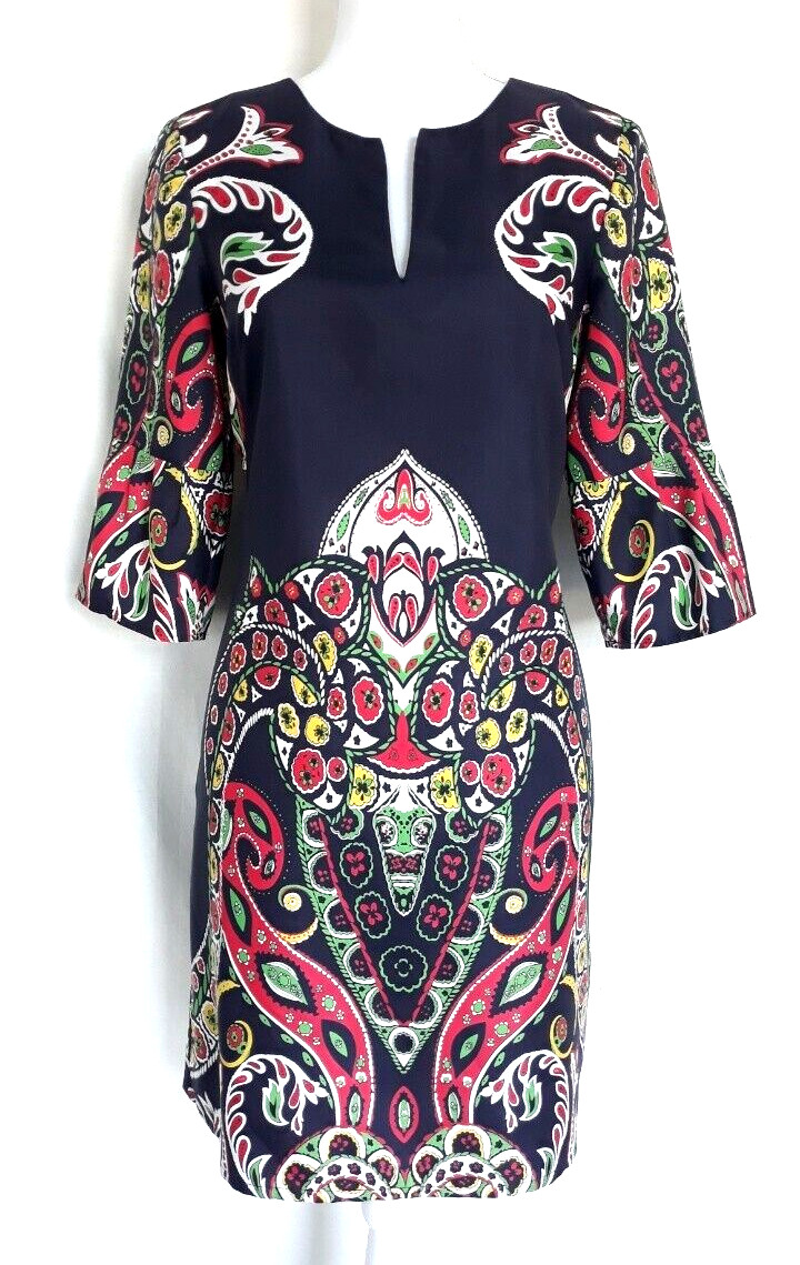 Ann Taylor Loft 3/4 sleeve Women’s Shift Dress Size 4 Paisley Navy White Red Yel