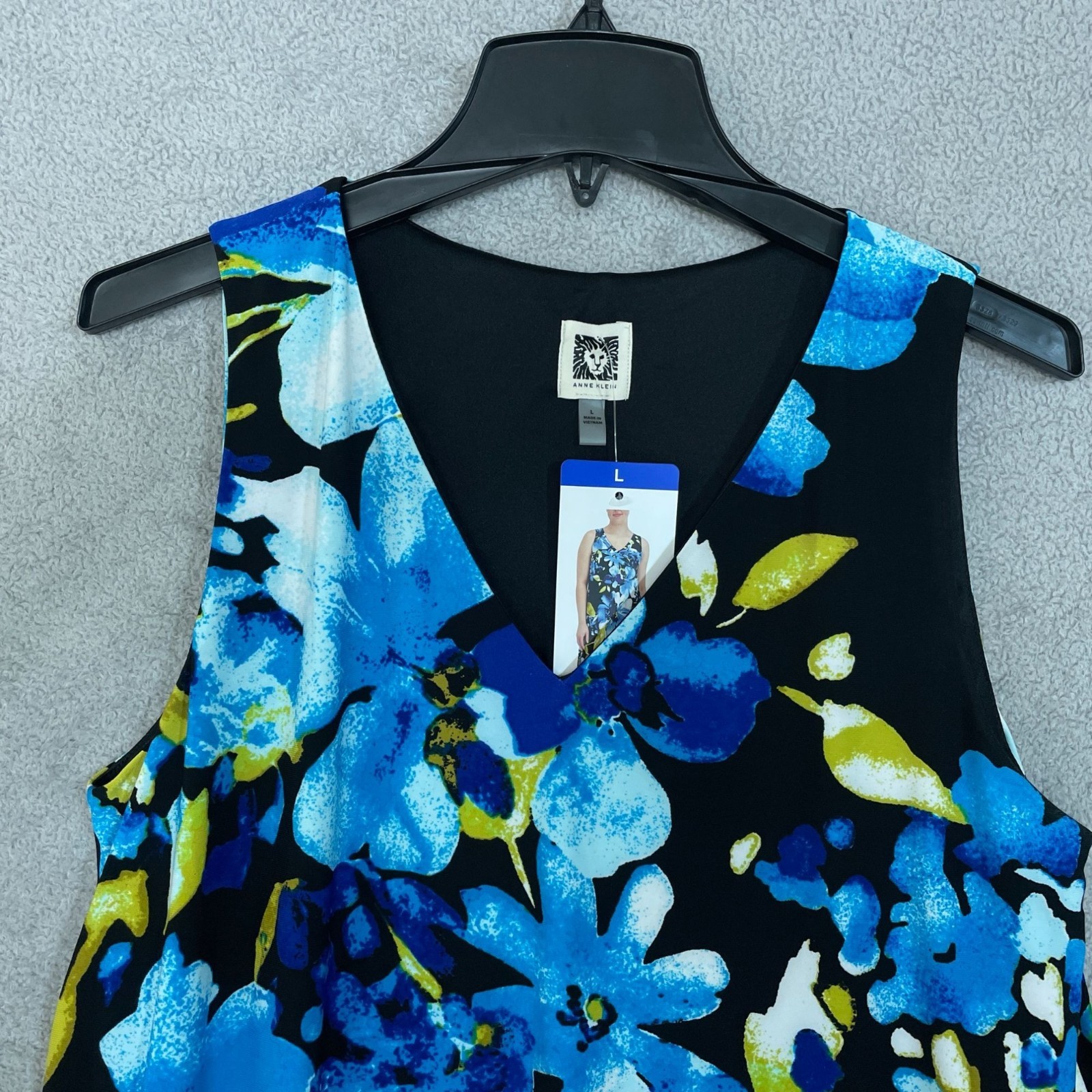 NWT Anne Klein Women’s L Blue Stretch Floral Sleeveless Knee Dress Multi B1414