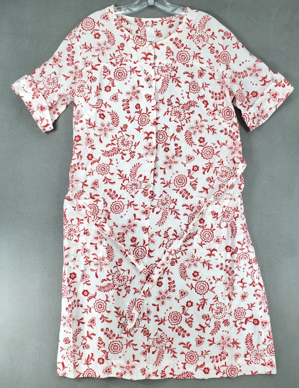 Vintage 60s 70s Women Size 20 House Dress Floral Tie Print White Red Retro Belt