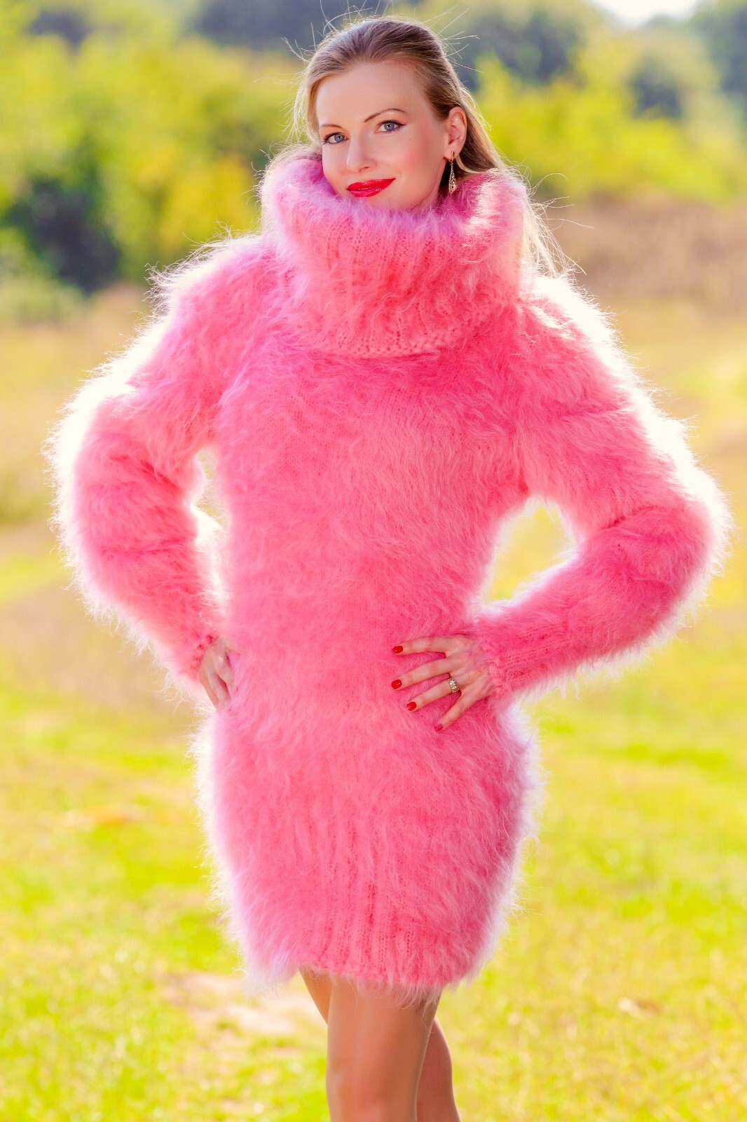 Hand knit pink mohair dress by SuperTanya designer knitwear ready to ship M-L