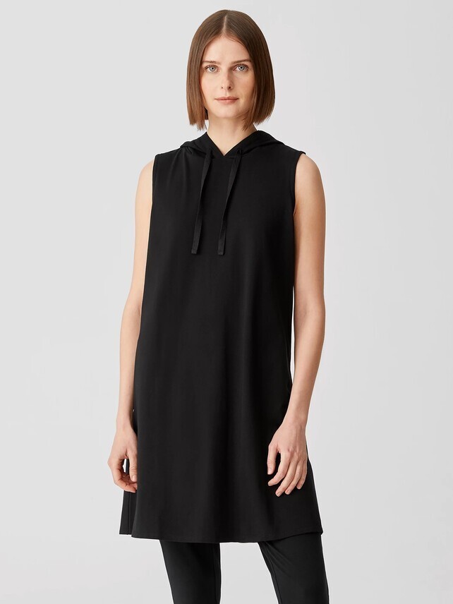 Eileen Fisher Traceable Organic Cotton Jersey Hooded Dress Black Sz L EUC #371