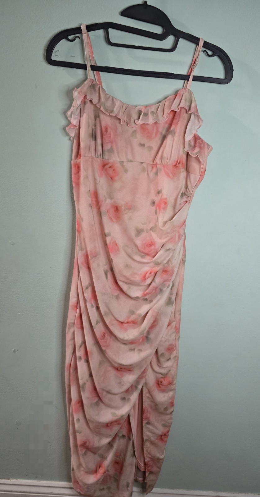 SHEIN Women’s Pink Floral Ruffle Bottom front Slip Midi Dress Size Large NWOT