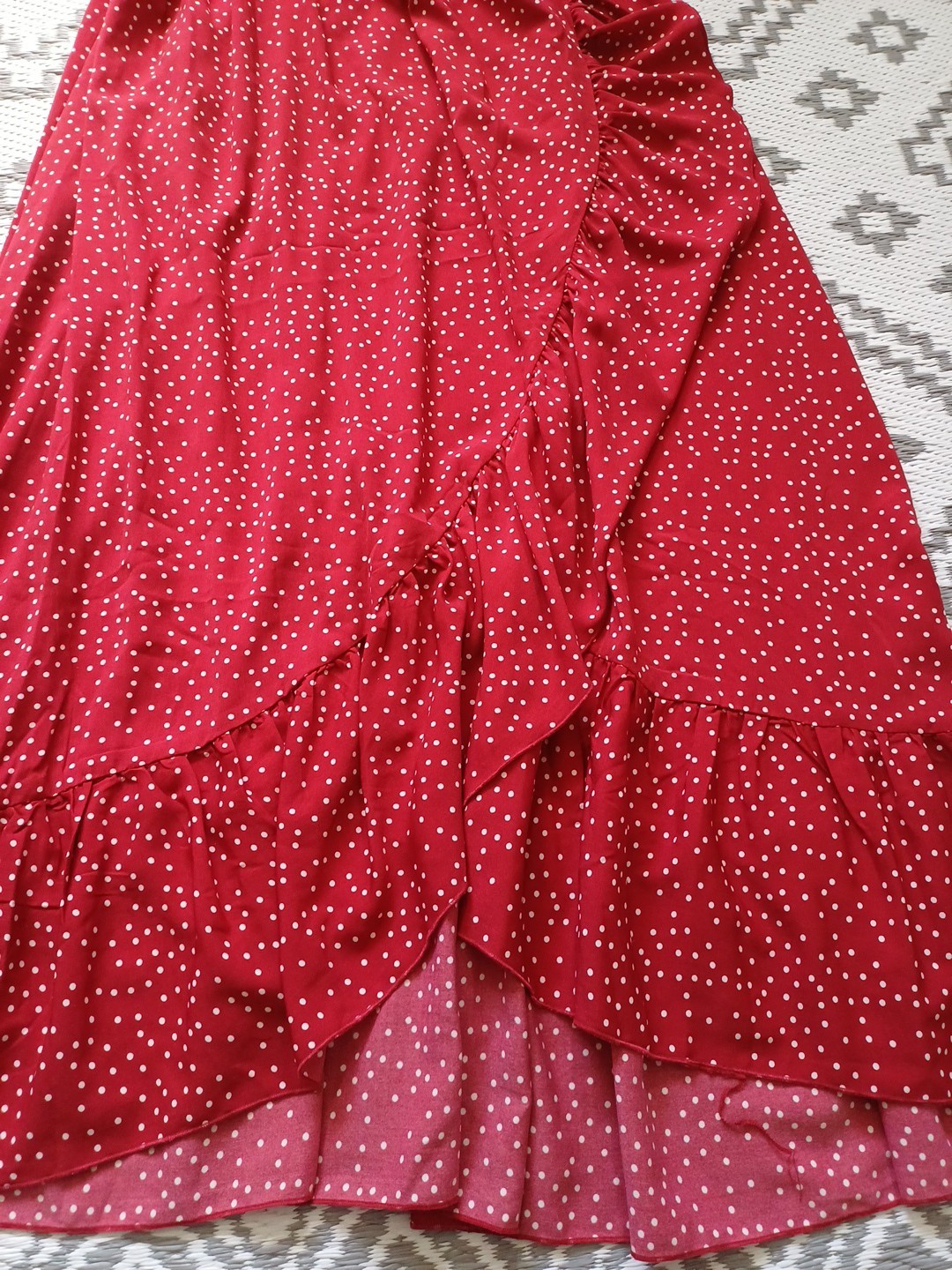 Red white Polka Dot Waterfall floaty Shirred Maxi summer Dress 👗 S M 10 12