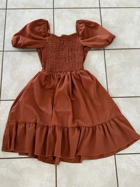 SHEIN Rust Copper Puff Sleeve Off The Shoulder Dress Size Small Gathered Boho Ne