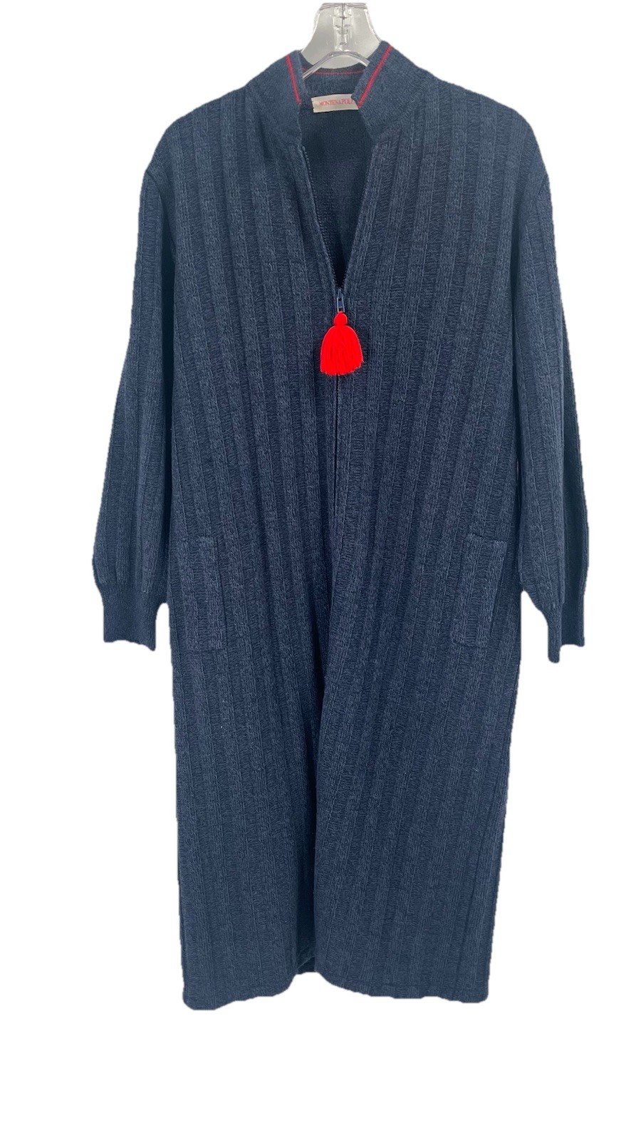 Navy Blue Sweater Dress Maxi Shacket Full Zip Ribbed Pockets Tassel Sz M Boho