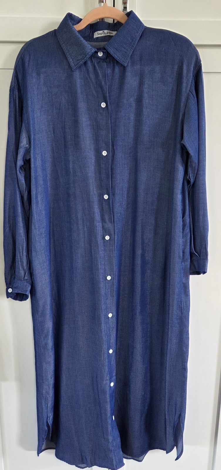 Sopliagon Blue Cotton Blend Shirt Dress Casual Loose Button Down Maxi, Size L