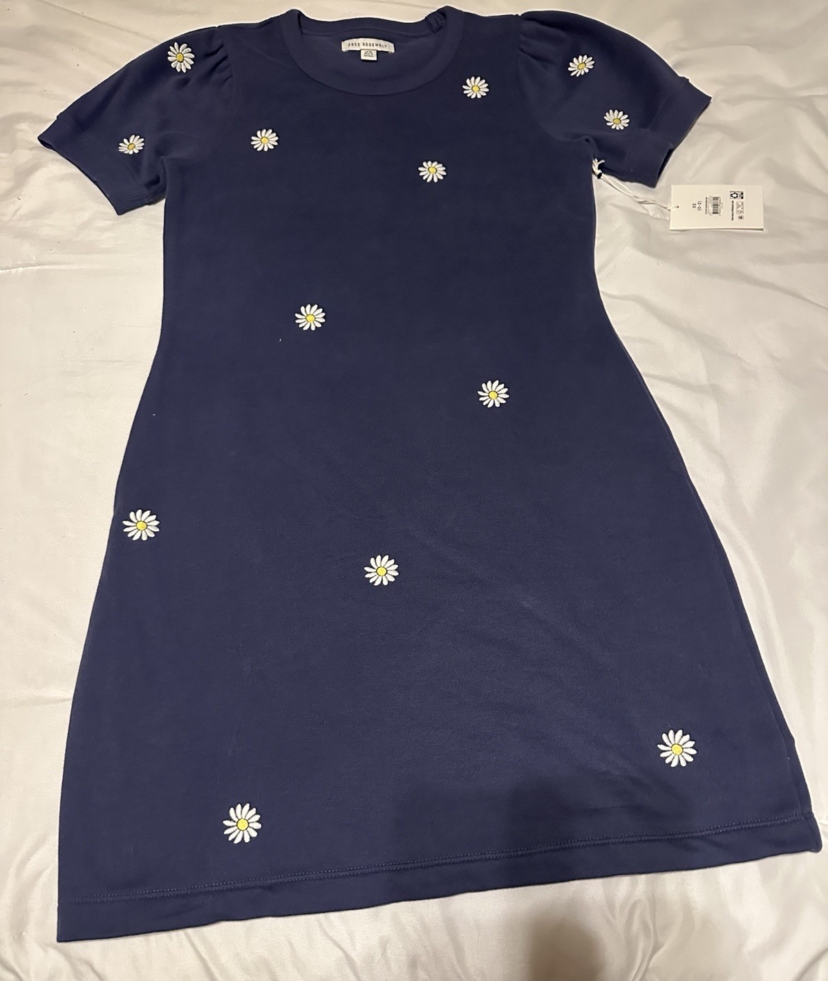 Free Assembly Puff Sleeve Blue Flower Embroiderered Mini Dress Size XS NWT