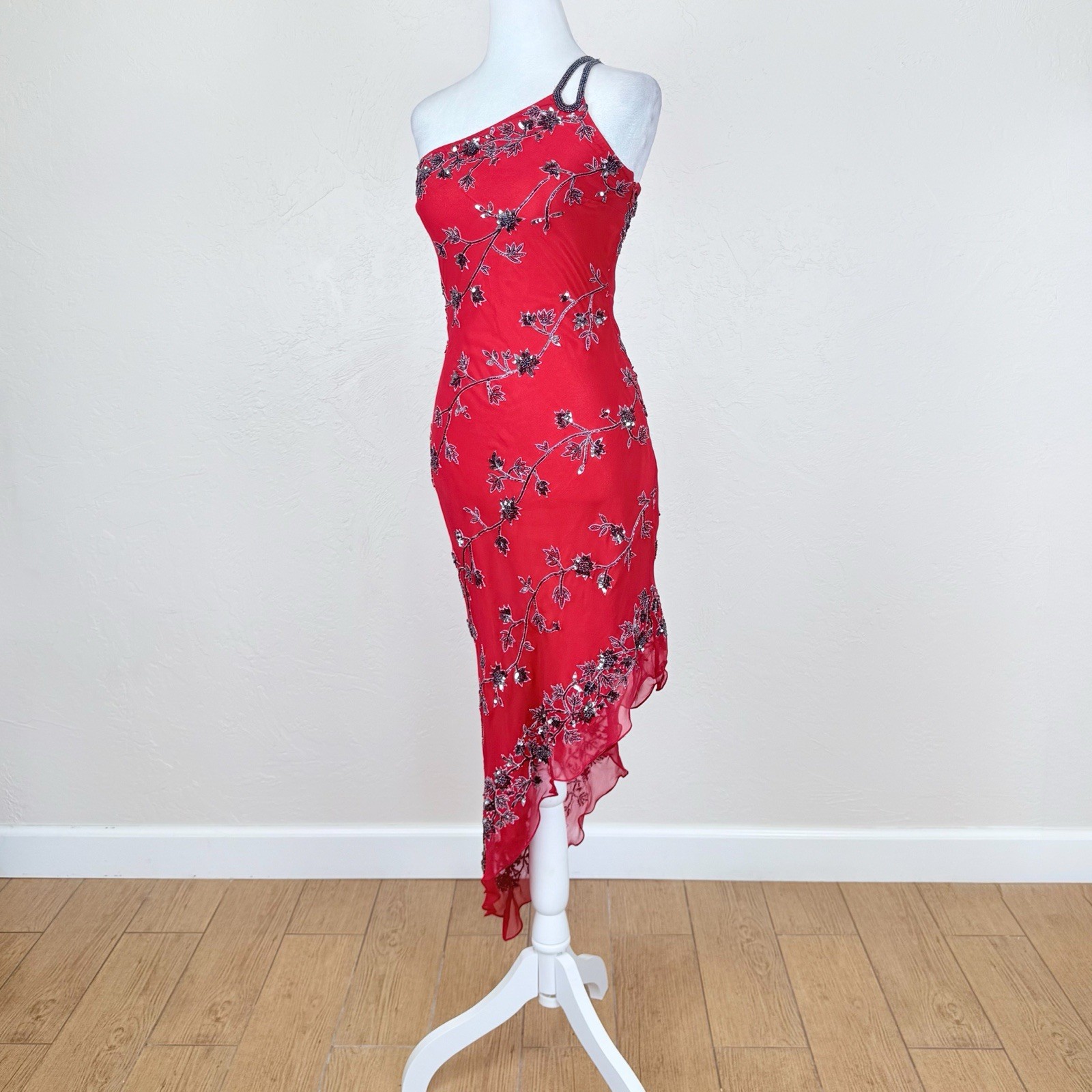 NWT Vintage Scala 1990s Red Silk One Shoulder Beaded Asymmetrical Midi Dress S