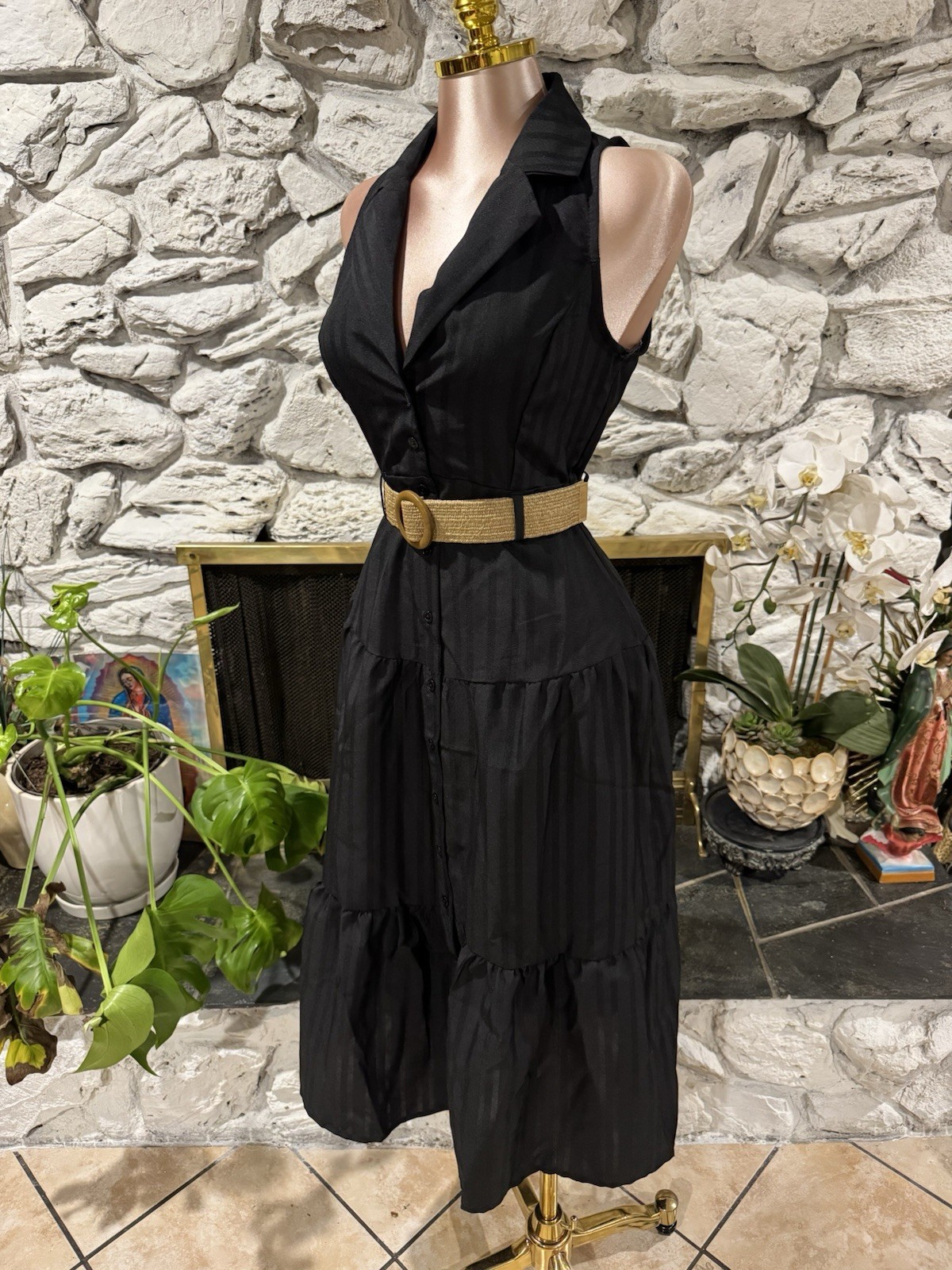 Black Solid Cotton Woven Midi Shirt A-Line Dress, Collared, Button Front, L