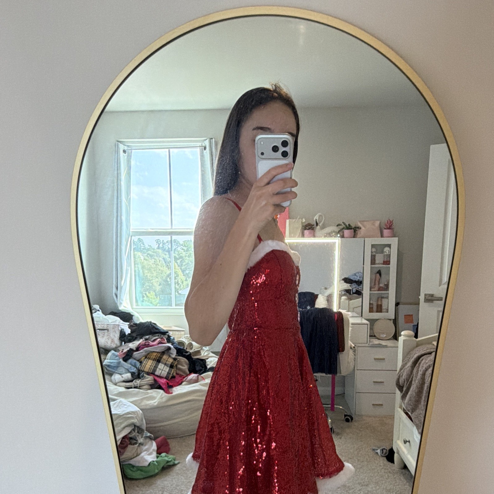 Red Sequin Santa Faux Fur Trim Mini Dress Sweetheart Zip Lined Women’s S