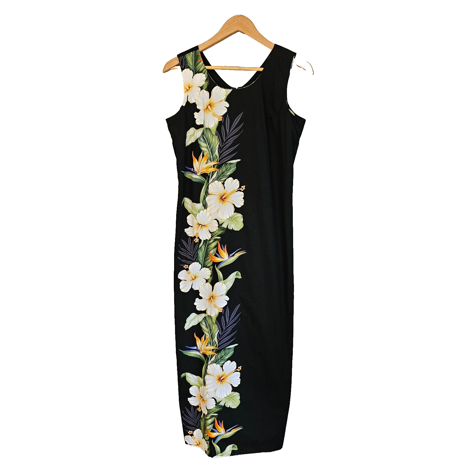 Ky’s Hawaii Hangover Maxi Dress Womens L Black Tropical Floral Cotton Sleeveless