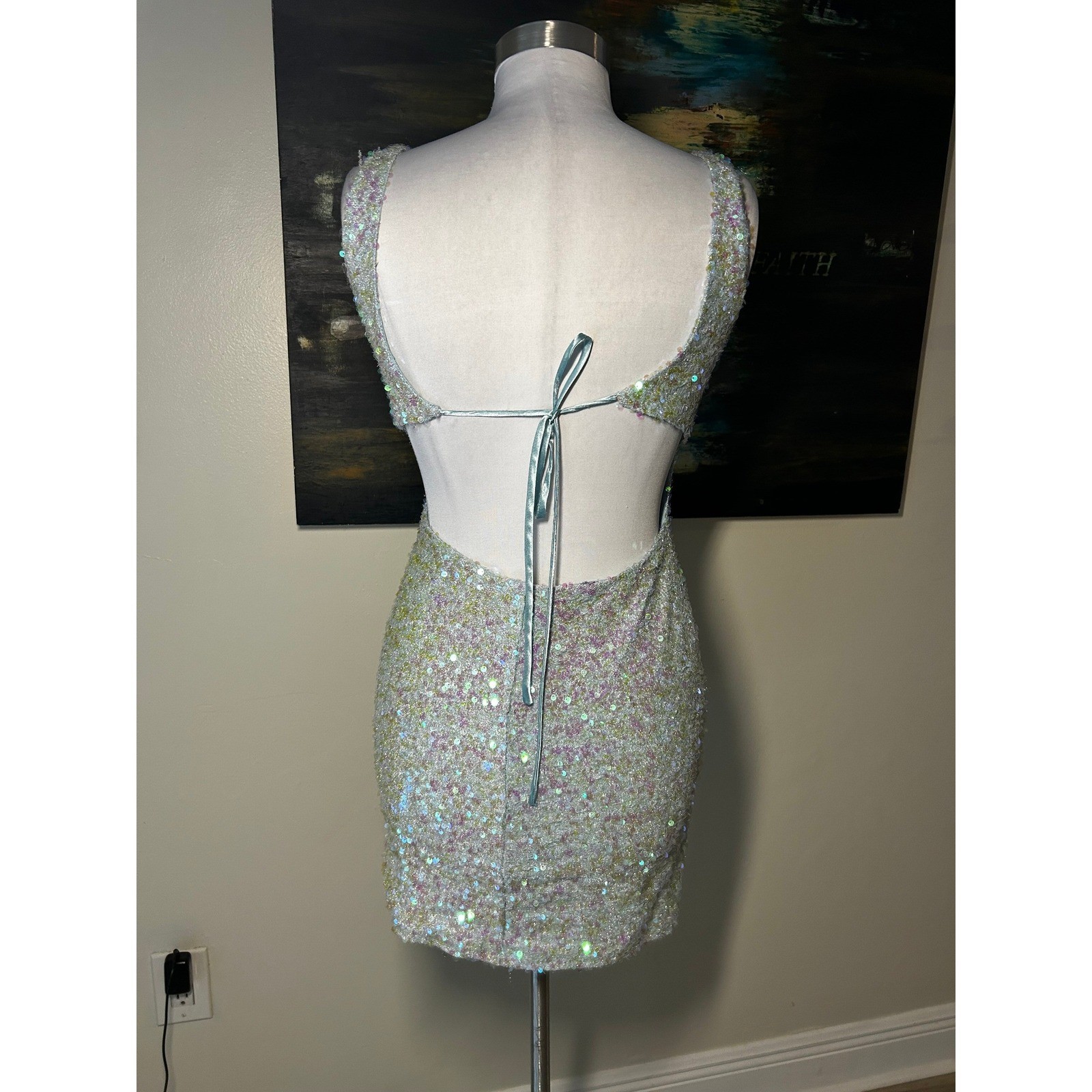 Jump Apparel Sequin Mini Dress Size Small Iridescent Open Back Tie Detail