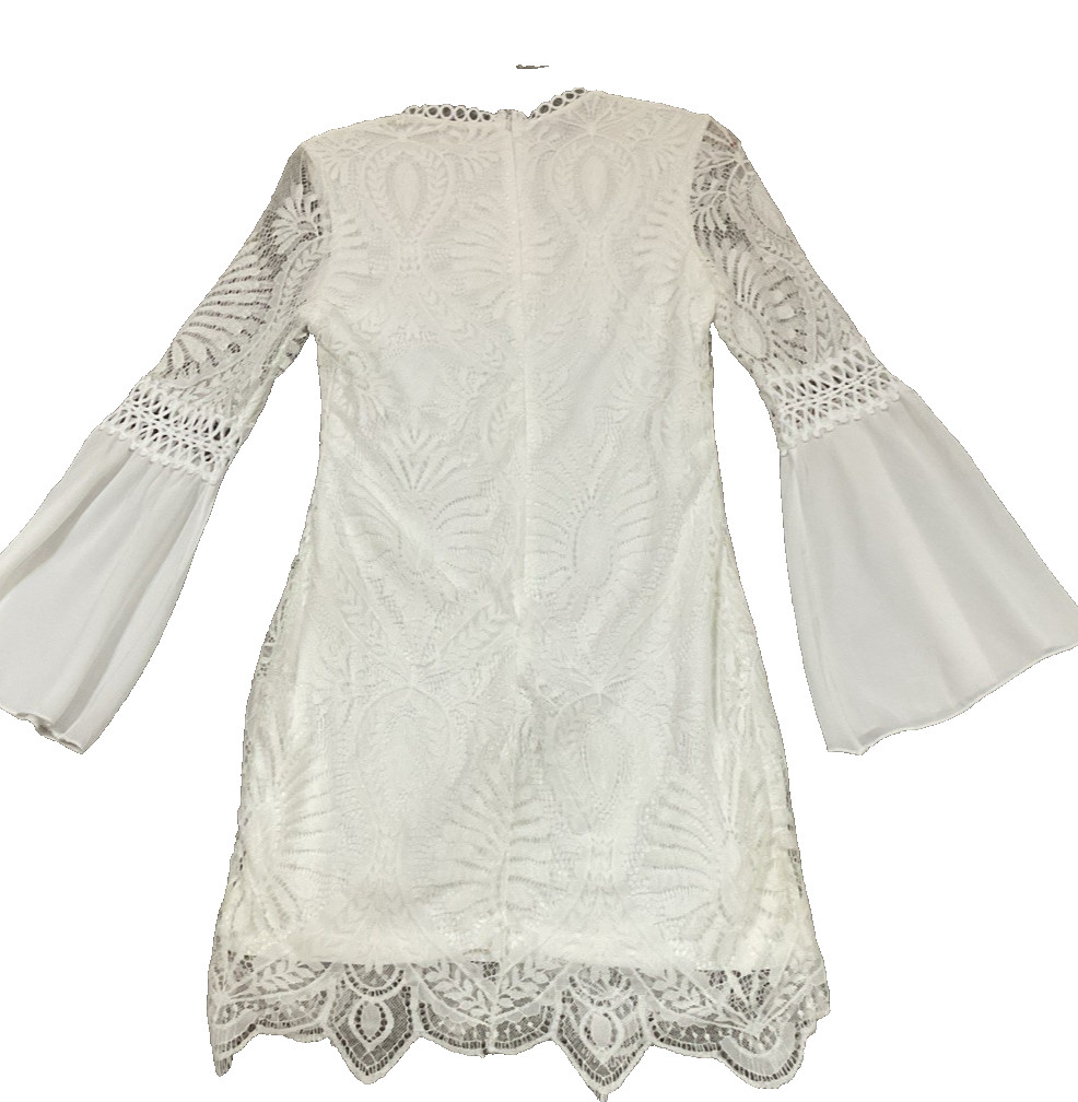Eilly Bazar White Crochet Lace Boho Bell Sleeve Cottage Prairie Mini Dress Sz S