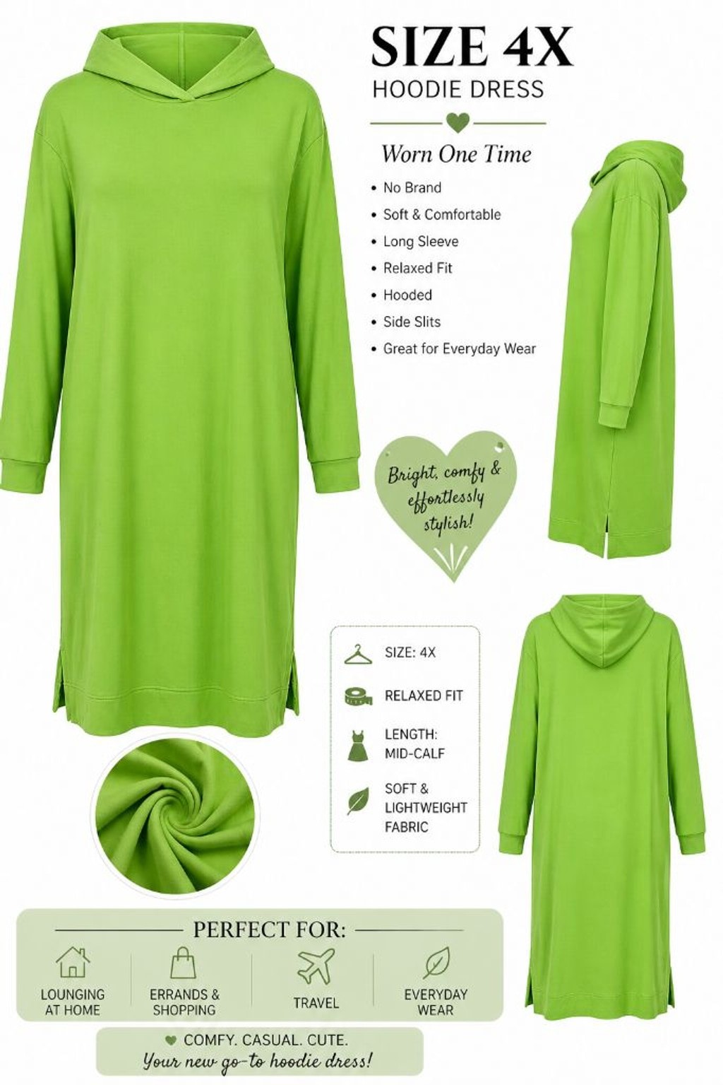 Lime Green Hoodie Dress Long Sleeve Relaxed Fit Side Slits Size 4X