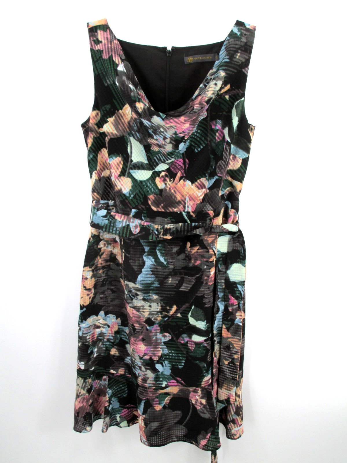 OUTBACK RED Midi Shift Dress Women 4 Black Floral Lined Belted Cottage Core