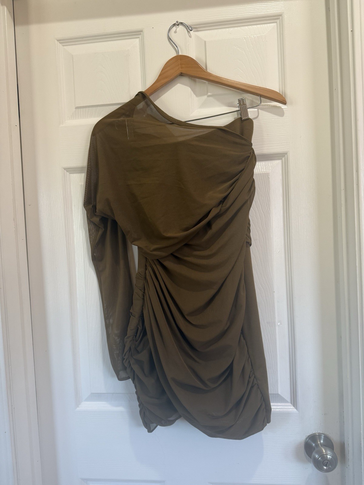 Zara Woman Green One Shoulder Ruched Mesh Mini Dress Long Sleeve Solid M