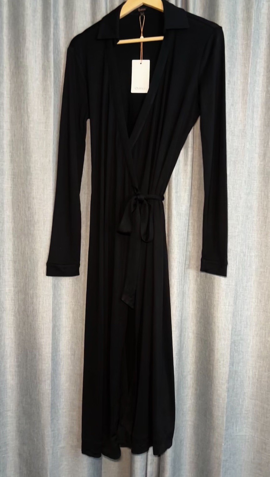 NWT QUINCE 100% SILK JERSEY MIDI WRAP DRESS Size Small Black MSRP $150