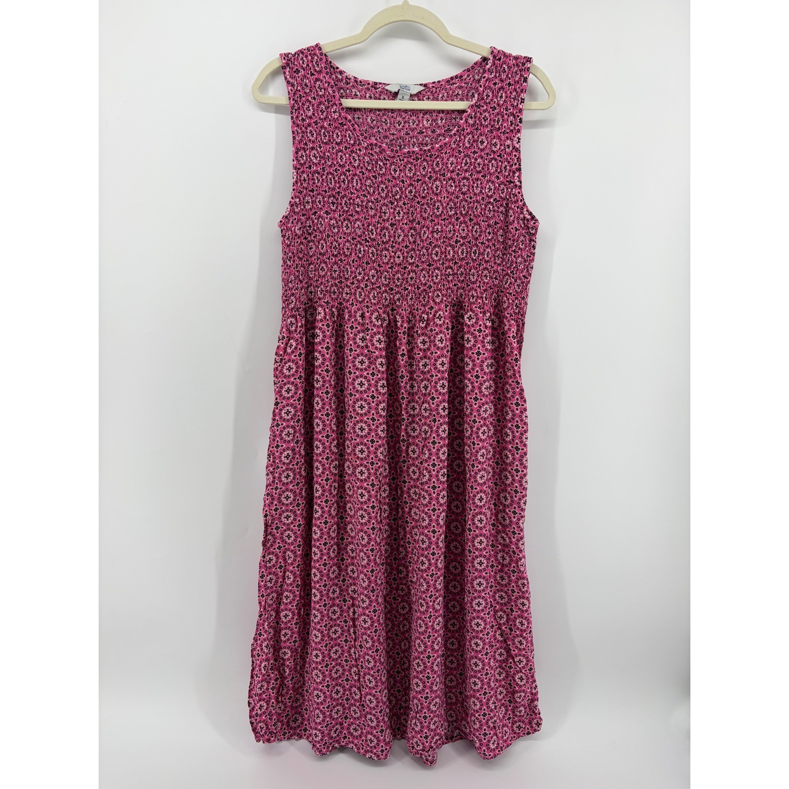 Croft & Barrow Womens XL Pink Midi Dress Smocked Bodice Sleeveless Pockets Boho