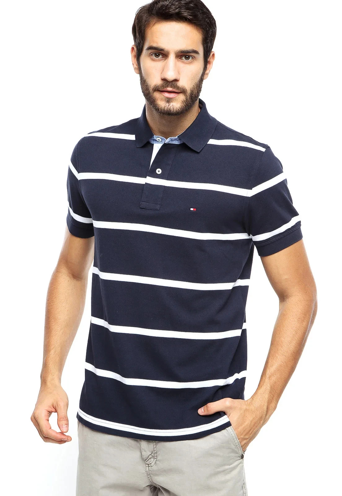 Tommy Hilfiger Men’s Navy Blue Striped Short Sleeve Polo Shirt Size M Custom Fit