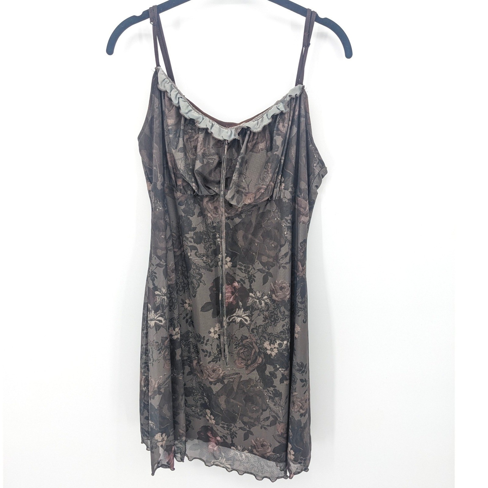 Y2K Mesh Babydoll Dress 2X Brown Floral Ruffle Slip ForestFairy Whimsigoth Shein