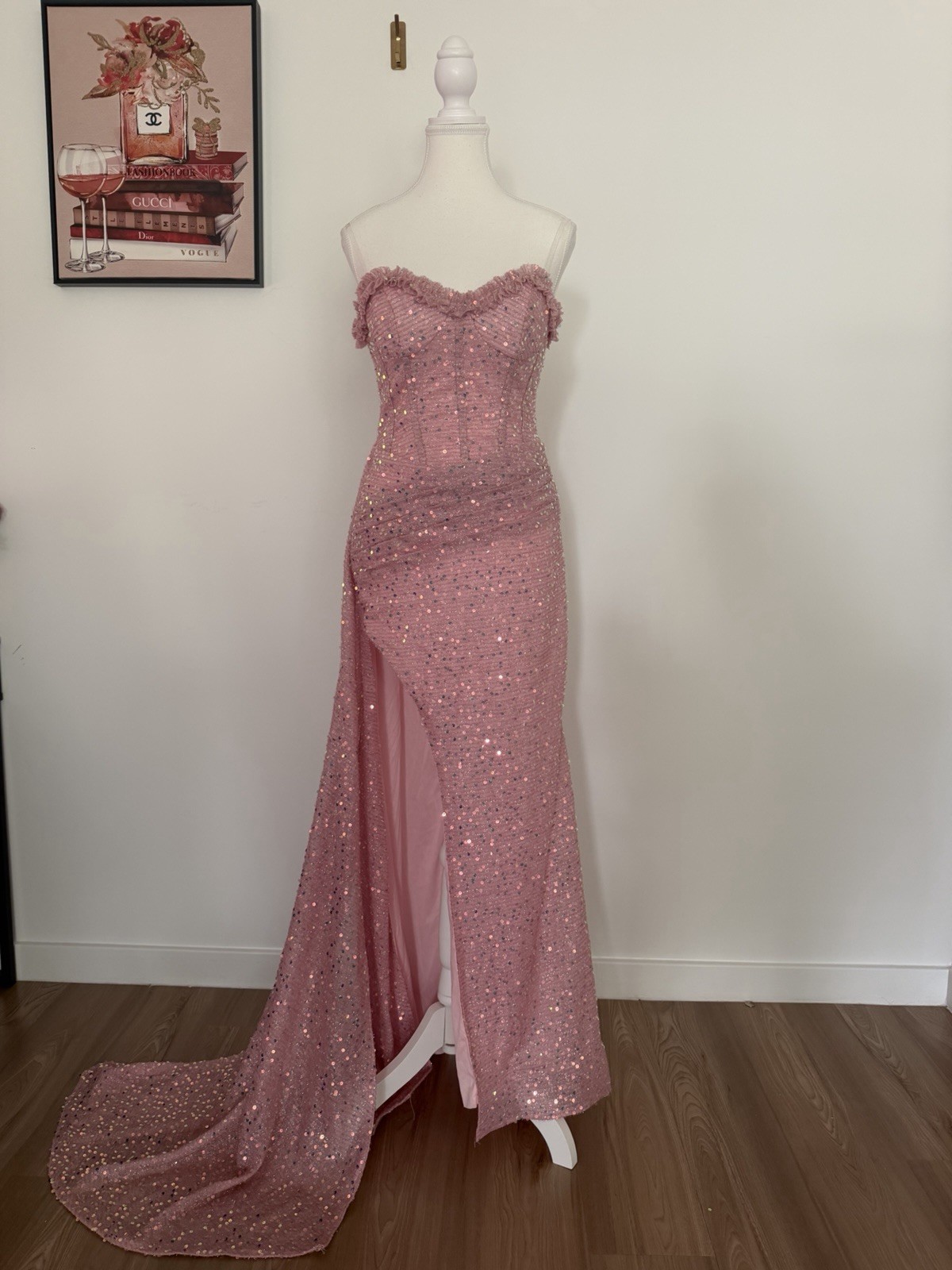Pink Solid Sequin Long Gown Sweetheart Lace Up Train with transparent straps