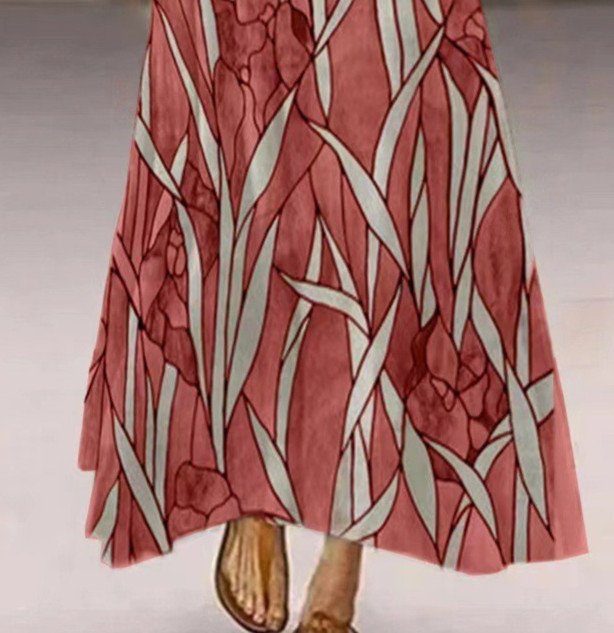 Printed Pocket Round Neck Long Skirt for Women