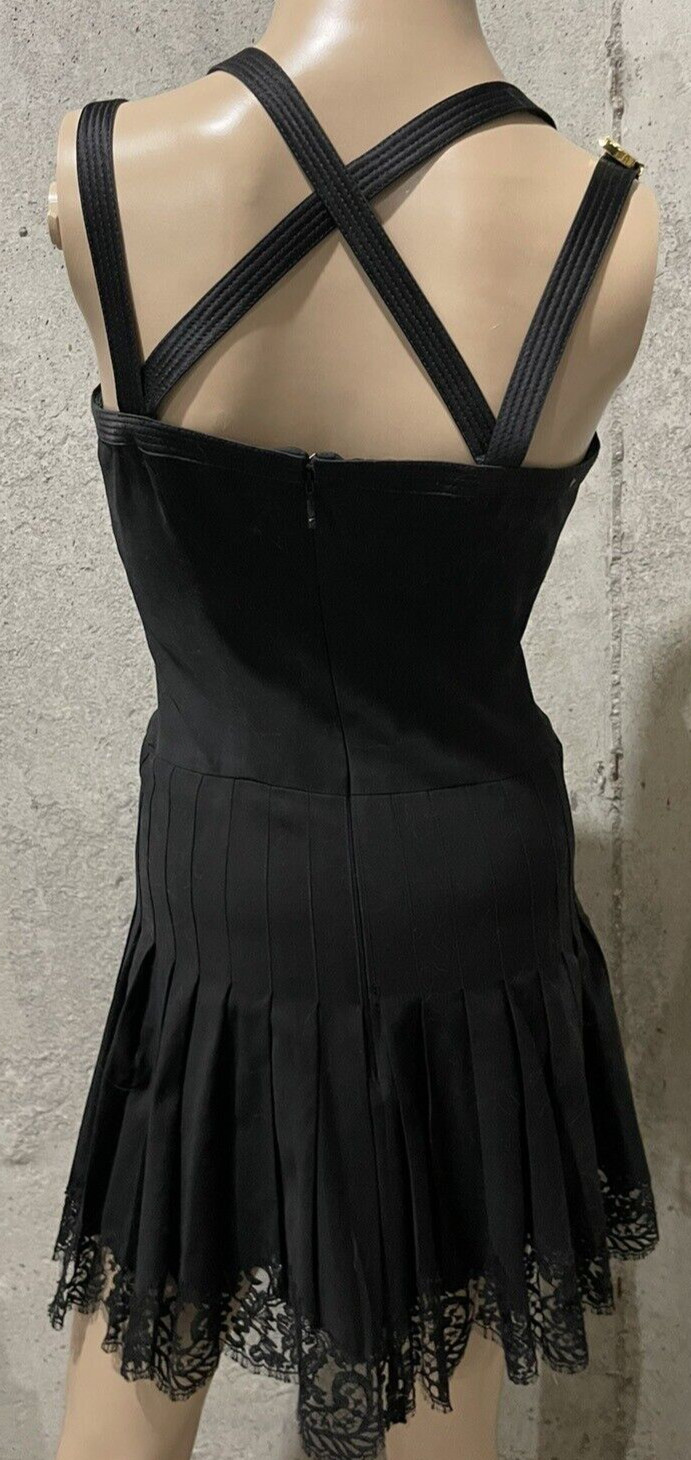 Versace Medusa Gold Logo Button Strappy Lace Side Black CocktaDress US 0 2 IT 36
