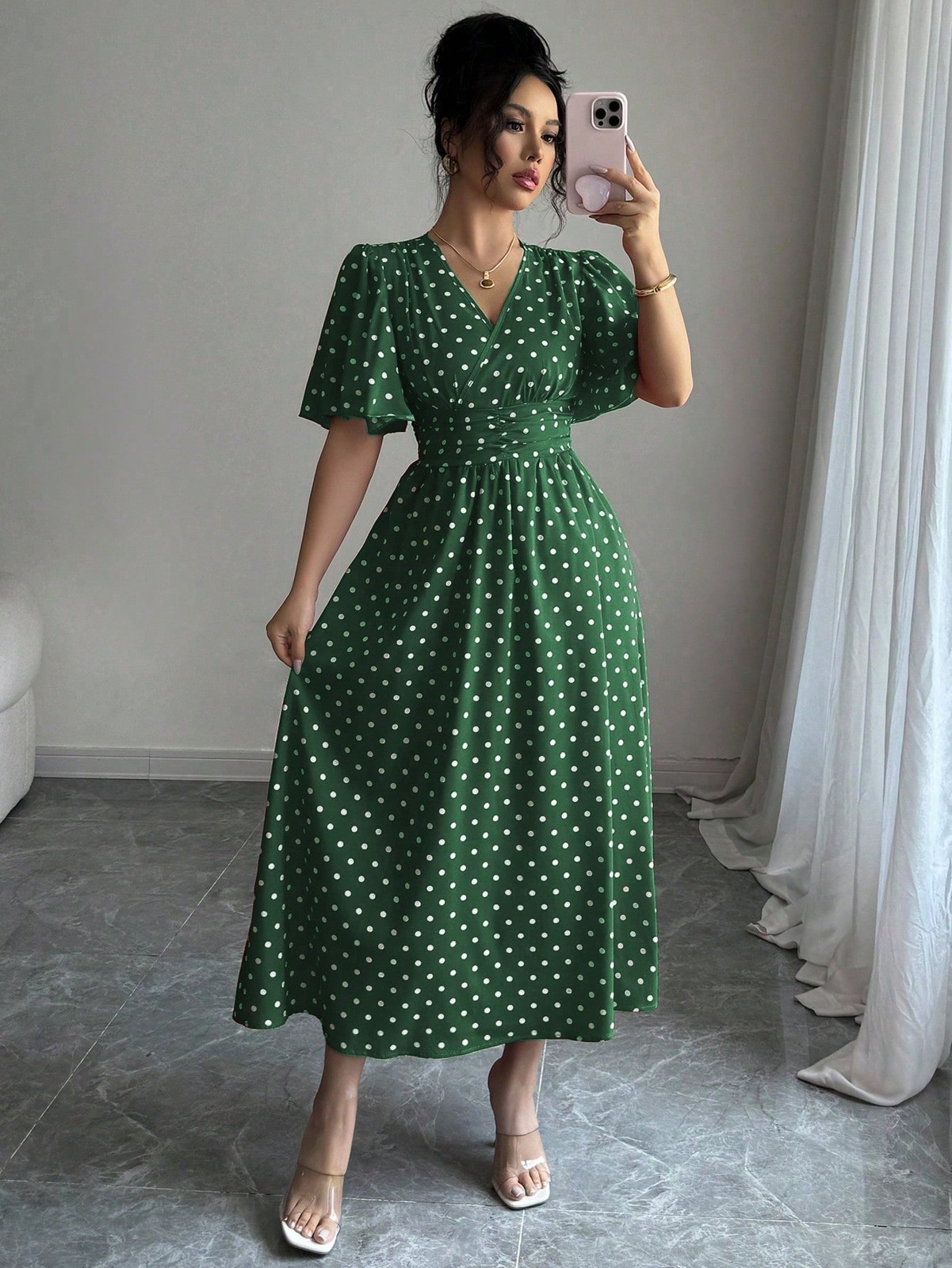 Elegant Polka Dot Pattern V Neck Midi Dress