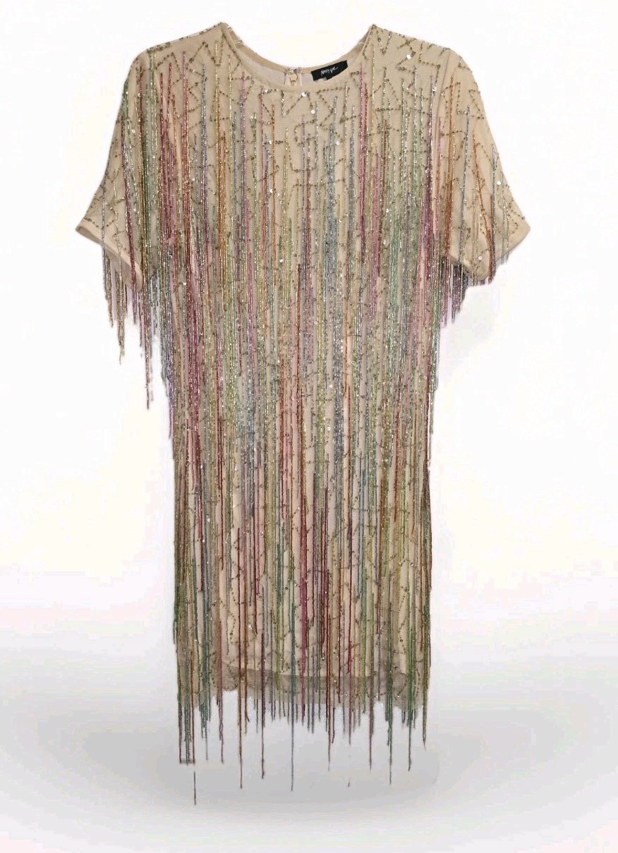 NWT Nasty Gal Tassel Beaded Mini Shift Dress Rainbow Fringe Sequin Party US 8