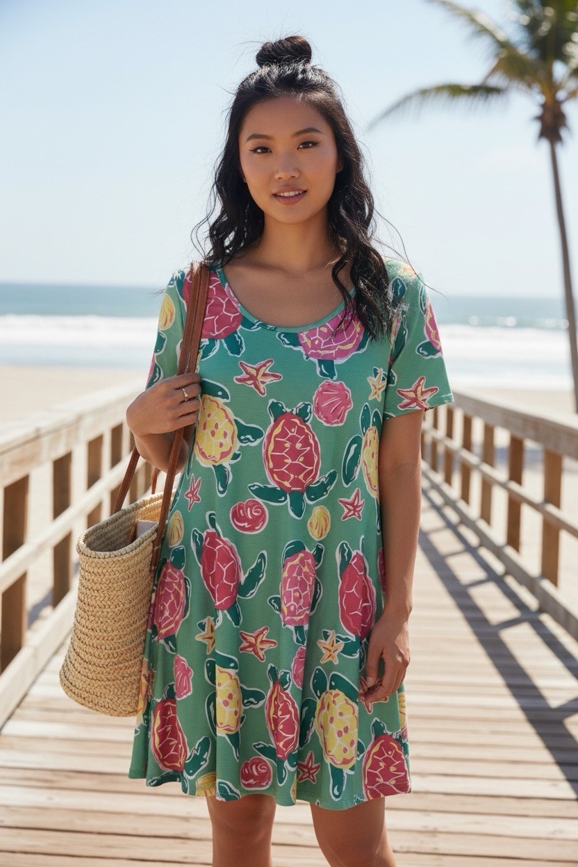 Simply Southern L Sea Turtle Swing Dress Pockets Coastal Beach Resort Stretch