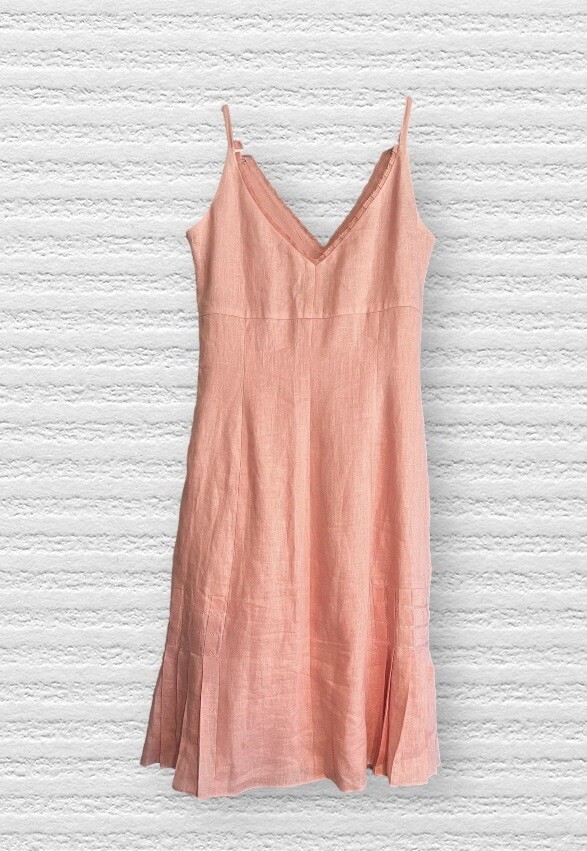 ANN TAYLOR 100% Linen Pleated Lined Midi Dress 0 Petite Lace Neckline