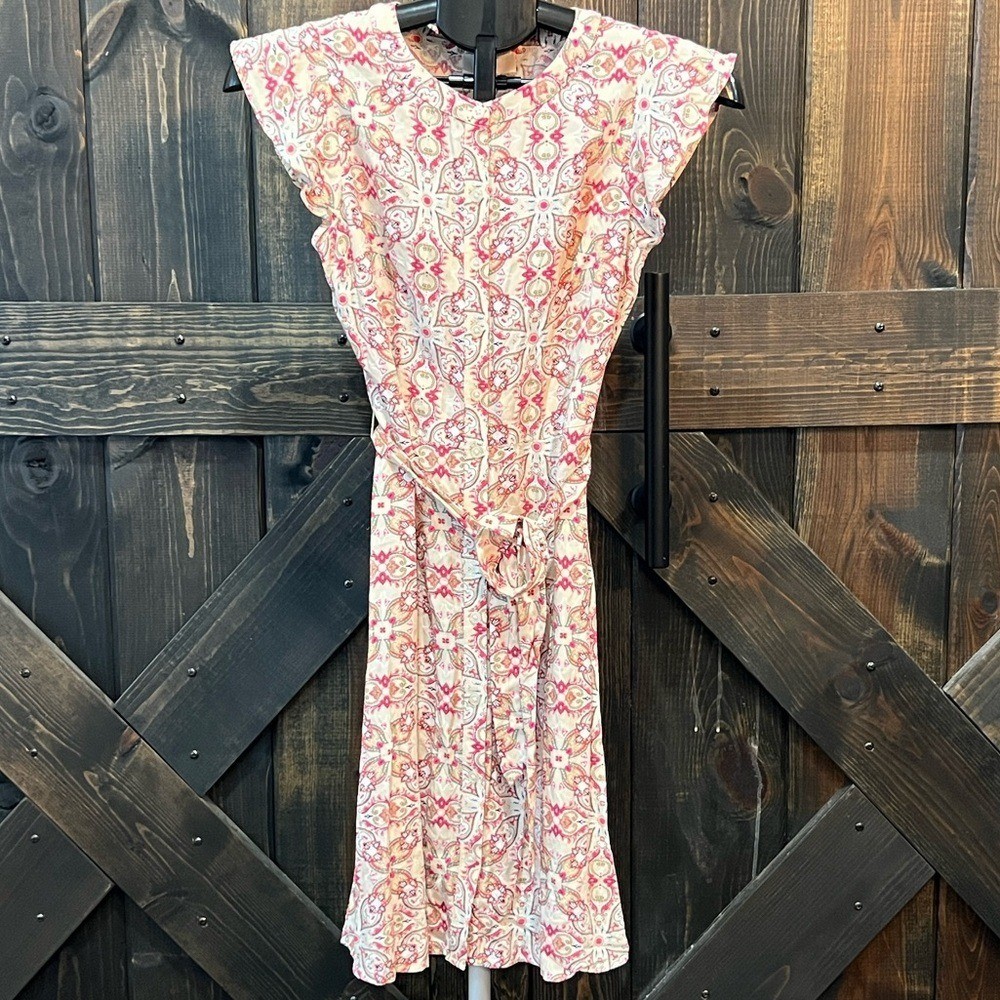 LOFT Cream Multi Garden Dress XXS Petite Flutter Sleeves Belted Cottagecore NWT