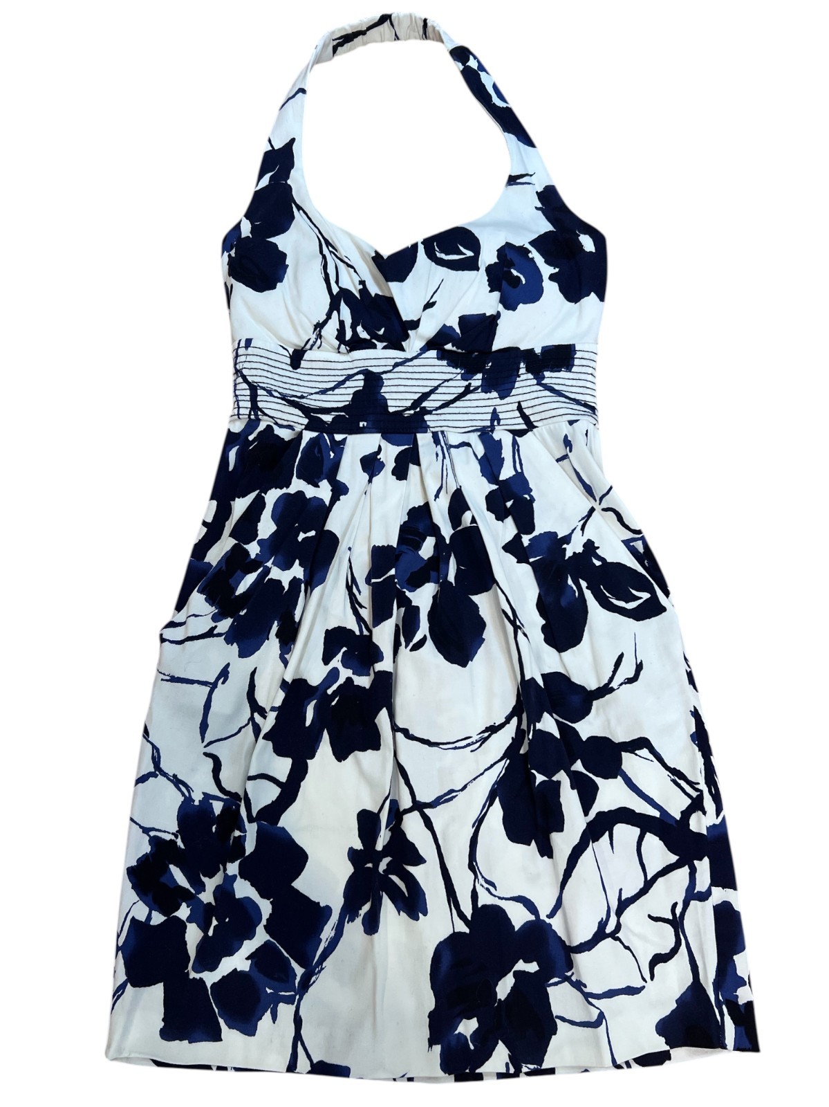 B. Smart Dress Women Size 6 Floral Halter Neck Fit & Flare Blue White Pleated
