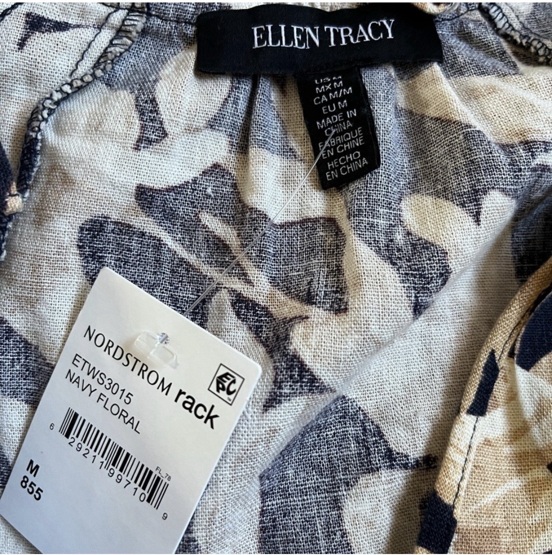 NWT Ellen Tracy Notched Tie Neck Raglan Sleeve Linen Dress M