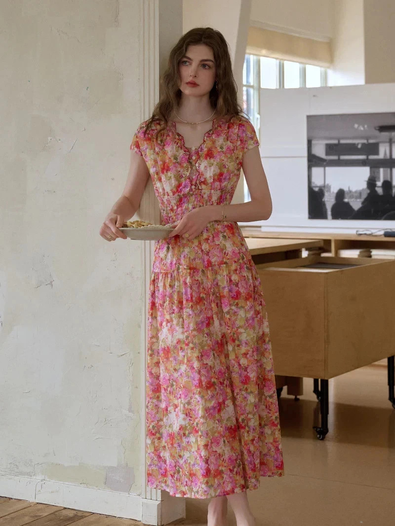 Kathy Wavy Neck Floral 100% Cotton Dress Size Medium