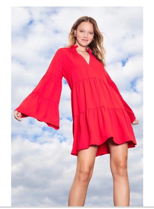 Amanda Uprichard Dress M Alexis Boho Tiered Bell Sleeve Red Boho Party Festive