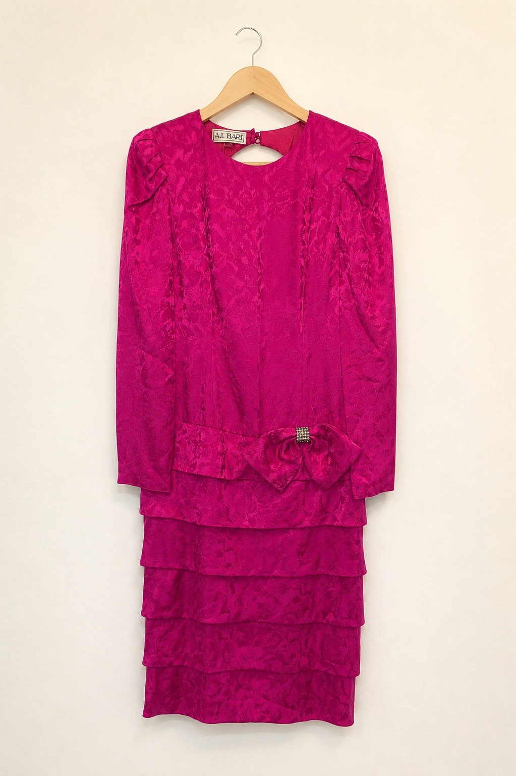 Vintage A.J. Bari 100% Silk Fuchsia Jacquard Cocktail Dress Size 8 Rhinestone