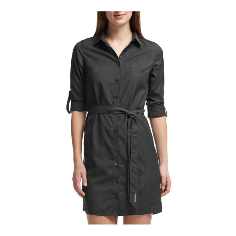 ICEBREAKER 100% Merino Wool “Destiny” Belted Pocket Shirt Dress Charcoal Gray S