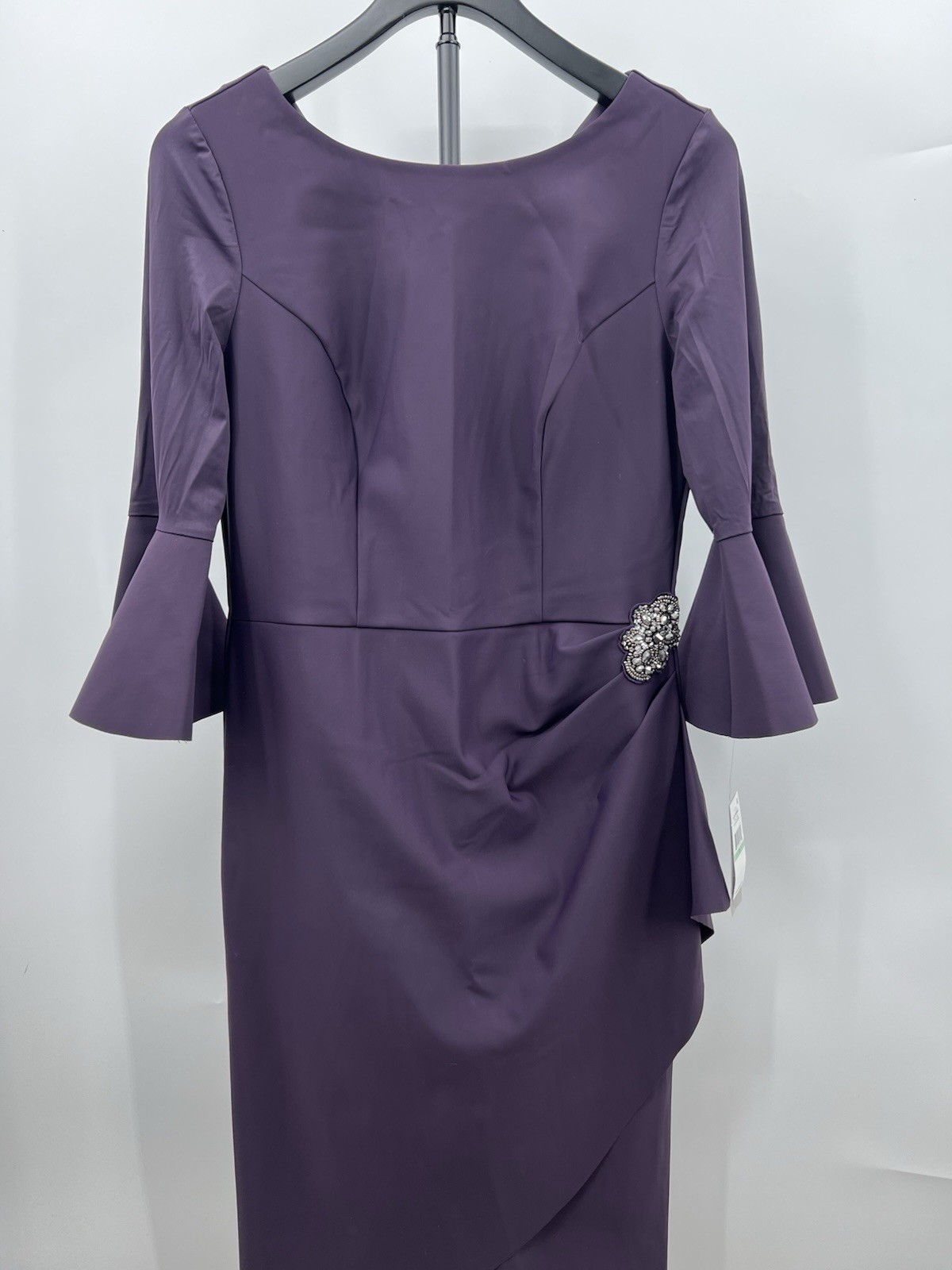 Alex Evenings Dress Aubergine Purple Bell Sleeve Beaded Ruffle Gown 8