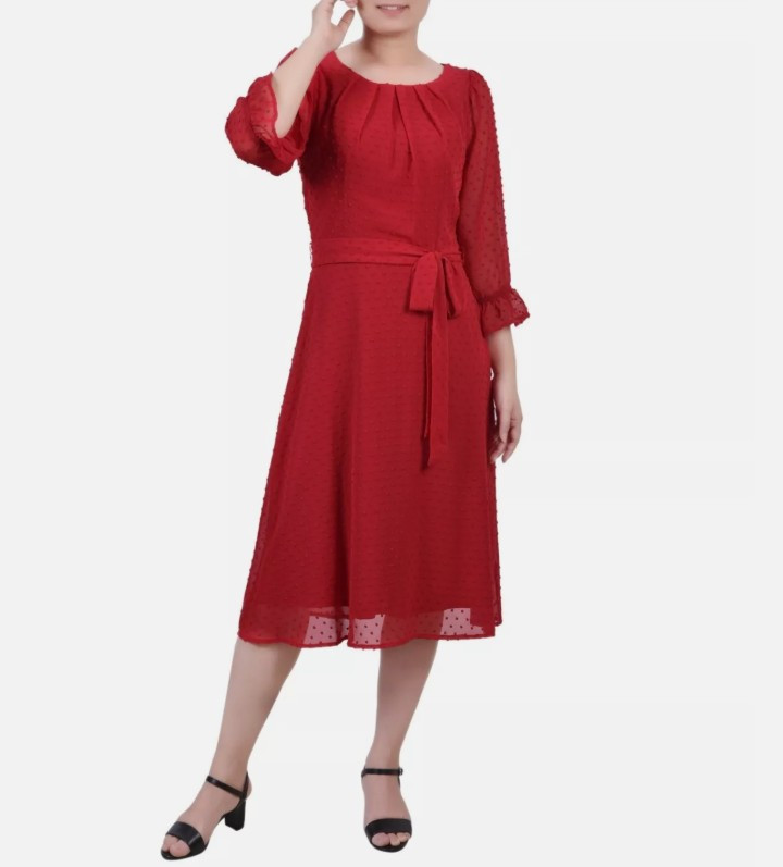 NY Collection Women’s 3/4 Sleeve Belted Swiss Dot Dress Red Size XL
